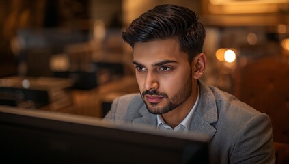 Focused professional businessman working late at night on a computer, creating innovative strategies and solutions for business growth and success