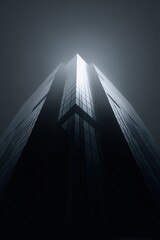 Modern skyscraper viewed from below against cloudy sky