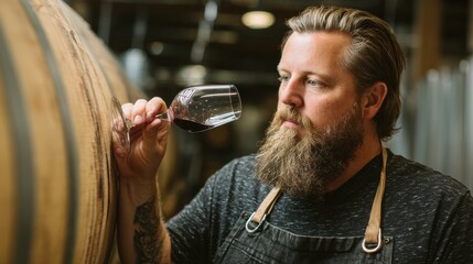Winemaker Evaluates Wine Clarity and Color While Inspecting Barrels in the Winery