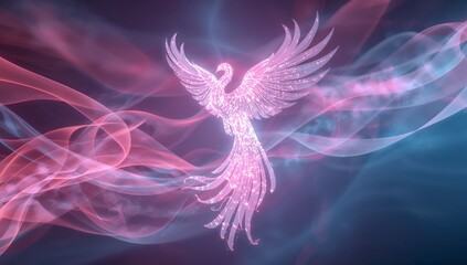 Majestic phoenix rising with vibrant neon glow in ethereal smoke, representing rebirth, strength, and magical transformation, perfect for fantasy projects