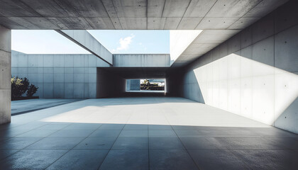 Modern, minimalist architecture featuring concrete walls and angular forms, dramatically lit by bright sunlight creating strong shadows. The images suggest a museum, gallery, or public space
