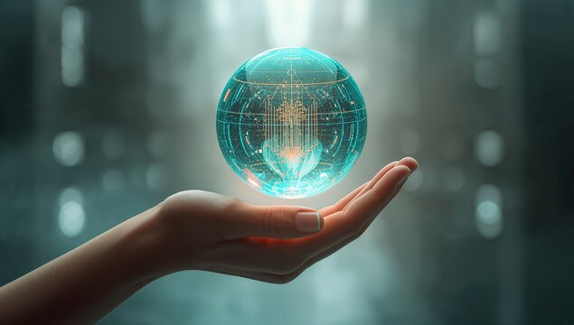 Holding the future in your hand, a glowing tech sphere representing innovation and connectivity for a modern, digital world of endless possibilities. - Powered by Adobe