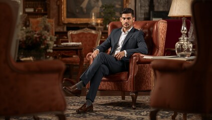 Sophisticated businessman relaxing in a classic armchair, radiating confidence and style in a luxurious setting, ideal for high-end brand advertising