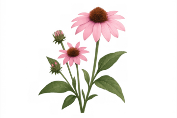 Echinacea coneflower plant with pink petals and green leaves, blooming watercolor drawing on transparent background