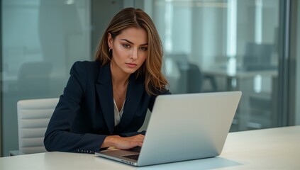 Confident business woman works on her laptop in a bright, professional office setting, embodying success and determination for modern business needs