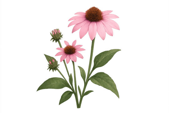 Echinacea coneflower plant with pink petals and green leaves, blooming watercolor drawing on transparent background