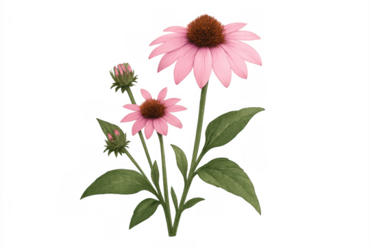 Echinacea coneflower plant with pink petals and green leaves, blooming watercolor drawing on transparent background