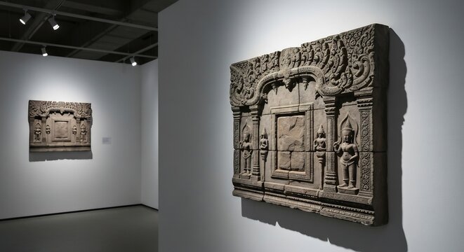 Two ornate stone wall carvings with basrelief figures are displayed in a modern gallery space under track lighting