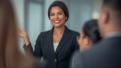 Dynamic businesswoman presenting new strategy to her team in modern office setting, fostering collaboration and driving growth with a confident smile