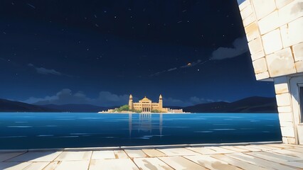 ゲーム背景　水平線の奥にある沈みかけた古代遺跡につながる船着き場