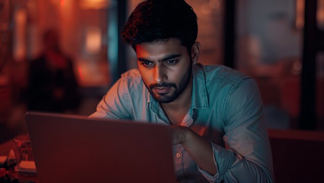 Focused young professional working late at night in a vibrant cafe with a laptop, showing determination and dedication to achieving business goals