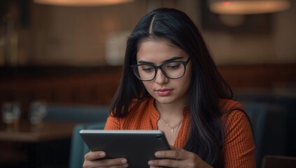 Focused young woman with glasses using tablet for study or work in cozy cafe setting, browsing online with thoughtful expression and modern connectivity