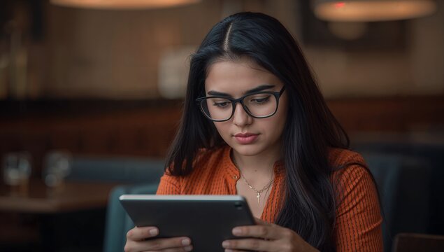 Focused young woman with glasses using tablet for study or work in cozy cafe setting, browsing online with thoughtful expression and modern connectivity