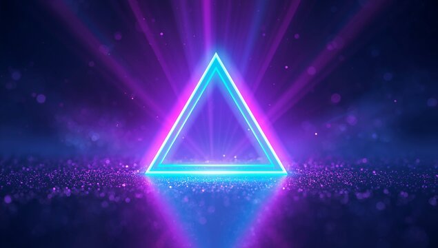 Stunning neon triangle portal with vibrant purple and blue light streaks creating a modern and futuristic abstract background for digital creativity