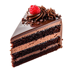 Chocolate Decadence: A luxurious slice of chocolate cake is a tempting treat, featuring layers of rich chocolate cake, creamy frosting, and topped with a fresh raspberry and chocolate shavings.