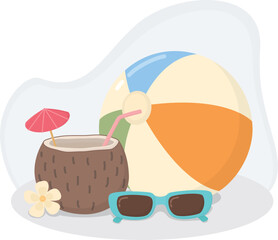 Summer still life with colorful beach ball, refreshing coconut cocktail, stylish sunglasses and plumeria flower. 