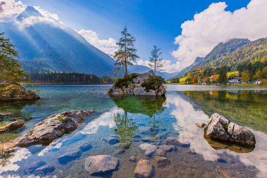 Berchtesgaden National Park, Germany. Lake Hintersee and the Bavarian Alps at sunrise.
