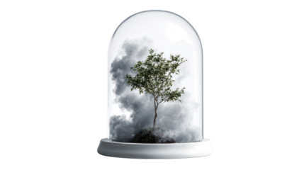 A vibrant green tree stands encapsulated in a glass cloche filled with swirling smoke or mist, symbolizing environmental challenges and isolation. background removed