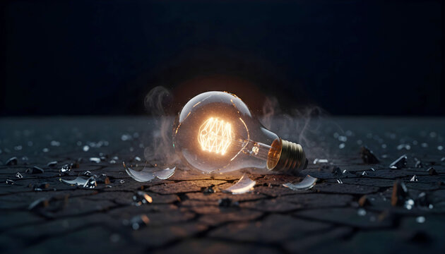 Broken glowing light bulb on dark cracked ground, still shining through destruction, conceptual failure and resilience background