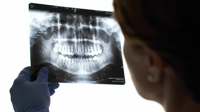 Close-up on a panoramic dental X-ray scan held by a dentist in blue gloves. The radiographic image shows the teeth, jaw, and bone structure, used for medical diagnosis.
