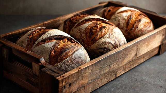 Artisan sourdough bread loaves nestled in rustic wooden crate, perfect for bakery branding and food photography