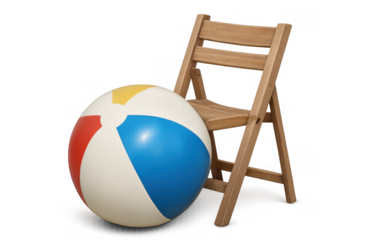 Beach ball and wooden folding chair on transparent background symbolizing summer holidays and leisure activities