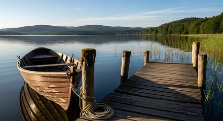 Peaceful morning scene with a wooden boat at a rustic pier on a calm lake.