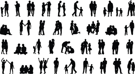 Adult and child silhouette vector set, family interaction poses, emotional bonding clipart, caregiving moments, minimalist black figures, lifestyle relationship icons