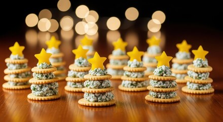 Festive christmas tree appetizers made with crackers, cheese, and star decorations