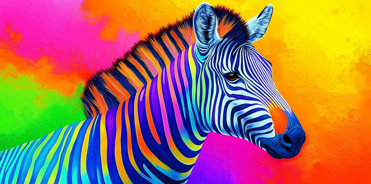 Vibrant abstract painting of a zebra with neon colors and bold stripes