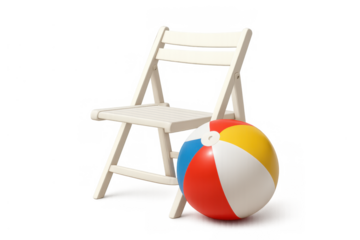 White folding chair with a colorful inflatable beach ball, symbolizing summer vacation, relaxation, and leisure on transparent background