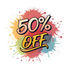 Celebrate amazing savings with this vibrant 50% off promotion, perfect for driving sales and attracting customers with eye catching, colorful design elements isolated on transparent background