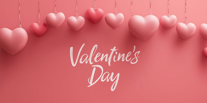 Pink hearts hanging on strings with Valentine Day text on soft pink background, creating romantic and festive atmosphere