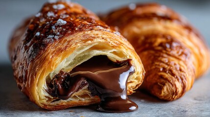 Freshly baked chocolate croissant with gooey filling, perfect for breakfast or dessert, a delicious treat