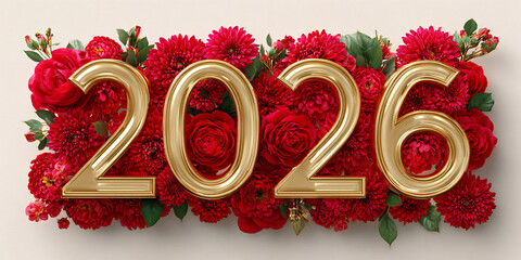 Elegant 2026 New Year with Golden Numbers and Red Flowers Festive floral arrangement for happy new year celebration and upcoming year concept