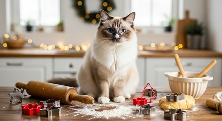 A charming Ragdoll cat with flour comically dusted on its nose sits innocently on a rustic wooden kitchen counter amidst Christmas cookie baking ingredients. A rolling pin, festive cookie cutters, and