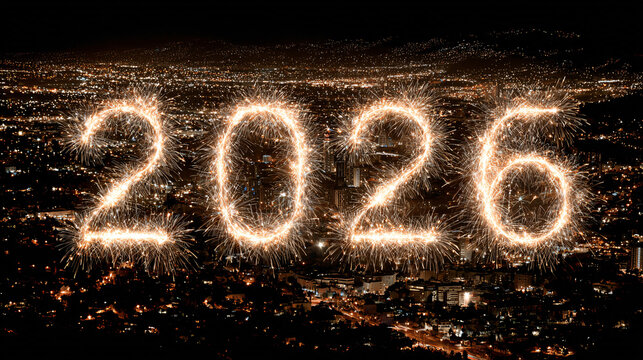 2026 New Year numbers written with sparklers fireworks light trails on dark night background