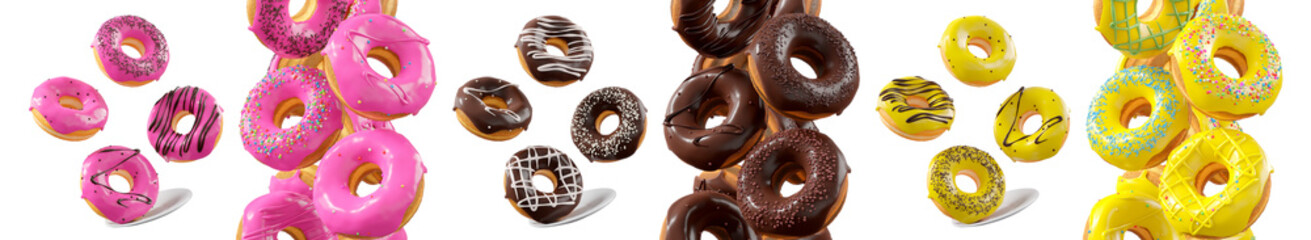 Assorted donuts with colorful icing, sprinkles, and chocolate isolated on white transparent background