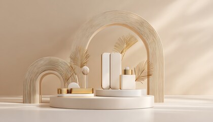 Minimal cream and gold tech accessories placed on soft arch backdrop