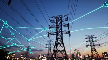 Electric pylons with glowing digital lines connect over a cityscape silhouette against a sunset sky. This modern illustration represents electrical power and transmission. - Powered by Adobe