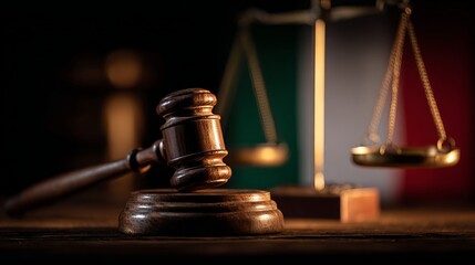 Law and justice concept with gavel and scales in front of Italian flag for legal and court themes