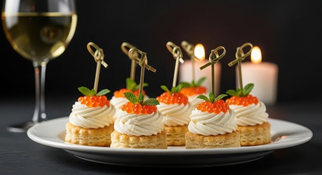 Delicious appetizers with red caviar, cream cheese, and fresh mint served on a white plate - Powered by Adobe