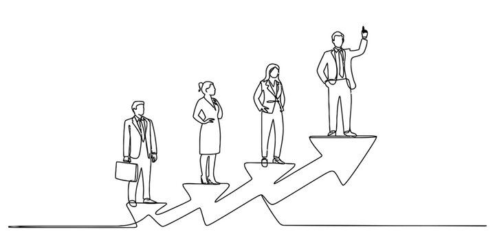 Continuous line drawing of business people ascending on a growing arrow chart, symbolizing team success, career development, and leadership.