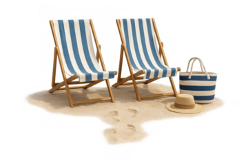 Deck chairs with beach bag and sun hat on sand, enjoying summer vacation and relaxation, transparent background