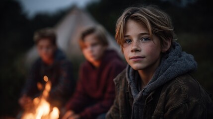 Fototapeta premium Three children sit around a campfire at night, with a blurry background of a tent.
