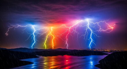 Colorful lightning strikes over a dark landscape with water reflection.