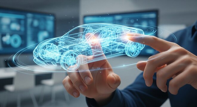 A close-up shot of an automotive engineer's hands interacting with a glowing blue wireframe CAD model of a futuristic electric car. The holographic model appears to rotate and respond to the