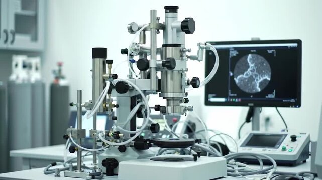 Electron microscope on a white desk in a lab setting. A computer screen displays a detailed image of a tissue sample. Scientific research analysis in a medical setting.