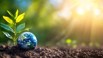 A young green plant next to planet Earth against a backdrop of green leaves and a sunny sky