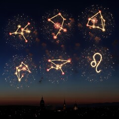 Celestial Zodiac Constellations Glowing in Night Sky Over Cityscape.